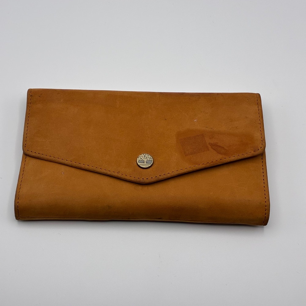 Timberland Wallet Brown Genuine Leather Tri-Fold Snap Closure Logo Accessory